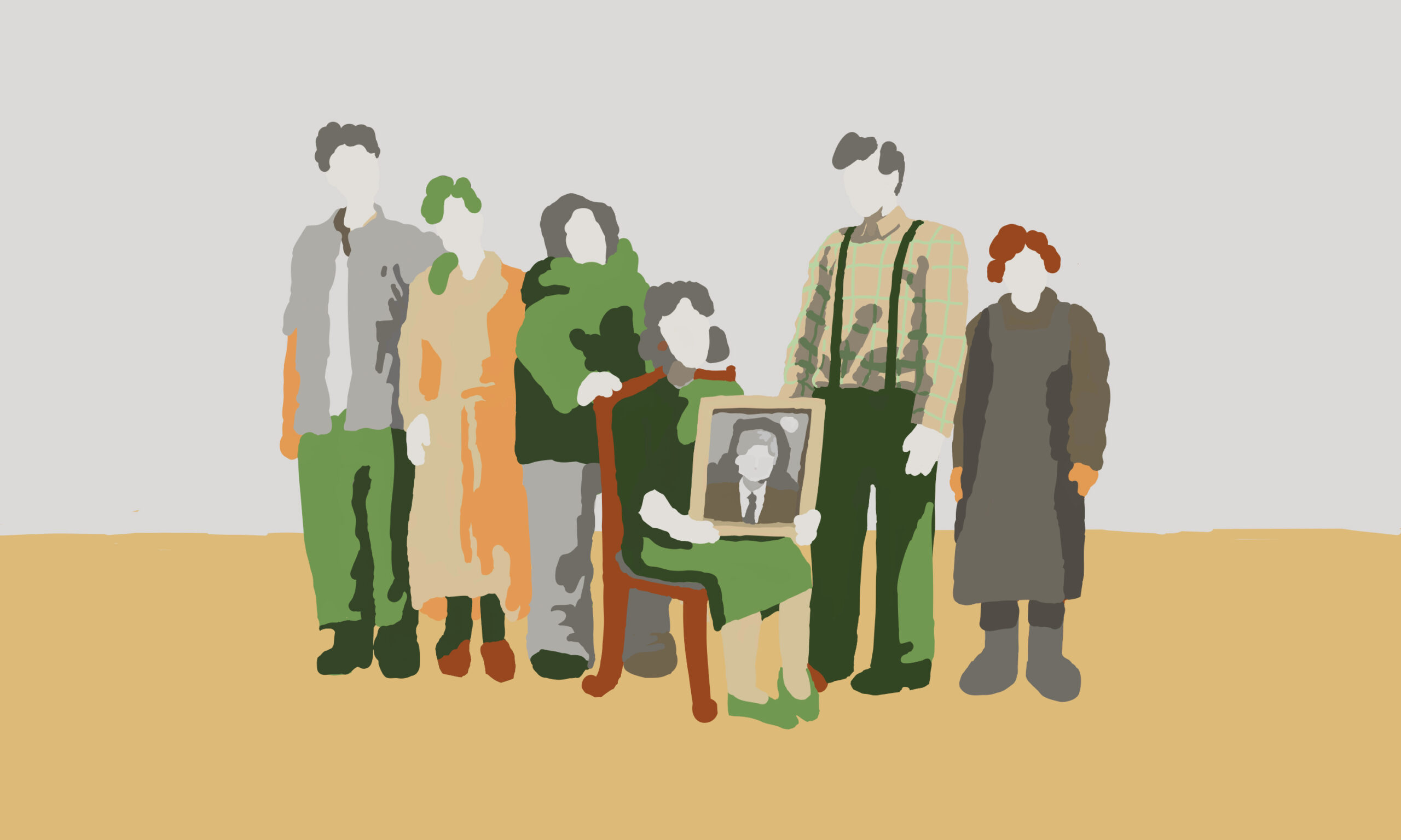 家族写真のようなイメージイラスト。真ん中に椅子に座った女性が、額に入った顔写真をこちら側に向けて持っている。その周りに男女が5人立っている。